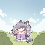  1girl ahoge animal_ear_fluff animal_ears blue_sky blush_stickers brown_sandals bush character_request chibi chibi_only cloud commentary_request day full_body grass grey_hair japanese_clothes kimono korean_commentary long_hair long_sleeves monyami open_mouth outdoors outline purple_kimono sandals sitting sky socks solo tabi tail trickcal white_outline white_socks yellow_eyes 
