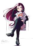  1girl :| absurdres asuka_(pixiv82529874) black_boots black_gloves black_shirt blue_eyes boots breasts closed_mouth commentary_request cropped_jacket earrings elbow_gloves full_body gloves hand_up head_rest highres jacket jessie_(pokemon) jewelry long_hair miniskirt pokemon pokemon_(anime) red_hair shirt signature sitting skirt solo team_rocket team_rocket_uniform thigh_boots white_background white_jacket white_skirt 