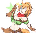  1girl :d ;d animal_ears aqua_eyes asagi501 bare_shoulders belt bra breasts brown_belt brown_gloves brown_trim cleavage commentary_request crop_top detached_sleeves elbow_gloves gloves green_bra green_sleeves green_tube_top gun hair_ornament hand_up holstered horse_ears horse_girl horse_tail large_breasts looking_at_viewer medium_hair navel one_eye_closed open_mouth orange_hair ponytail revolver short_sleeves simple_background smile solo star_(symbol) star_hair_ornament stomach strapless taiki_shuttle_(umamusume) taiki_shuttle_(wild_frontier)_(umamusume) tail tube_top umamusume underwear upper_body weapon white_background 