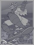 3_toes 5_fingers anthro avian avian_feet beak bird city claws digital_media_(artwork) dreadlocks duo extreme_size_difference eyes_closed feathers feet fingers greyscale hair hi_res low-angle_view macro male male/male mask micro monochrome nipples nude outside saaxon size_difference skateboard tail tail_feathers talons toe_claws toes tuft underfoot vehicle wings