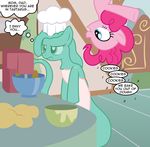  2016 absurd_res annoyed apron badumsquish chef_hat clothing dialogue duo english_text equine fan_character female feral friendship_is_magic goo_creature hair hat hi_res horse hybrid mammal monster my_little_pony pinkie_pie_(mlp) pony slime text 