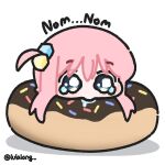  1girl blush bocchi_the_rock! chibi chibi_only cube_hair_ornament donut eating english_text food gotoh_hitori hair_ornament highres lulalang mini_person minigirl pink_hair sad saliva sprinkles stuck tears twitter_username yurie_mouth 