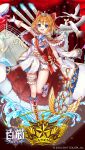  1girl arm_up baizu_(guszx) bird blue_eyes blush boots bow breasts character_name cloak curtains full_body fur-trimmed_cloak fur_trim gloves hair_intakes half_updo hat kamome_narumi leg_up lips looking_at_viewer medium_breasts miniskirt official_art official_wallpaper open_mouth orange_hair outstretched_arm red_cloak sailor sailor_hat seagull shironeko_project skirt sleeveless smile solo splatter standing standing_on_one_leg thigh_strap thighs tiara white_gloves 