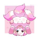 1:1 2025 anus artist_name bangle blue_eyes bow_tie butt canid canine cel_shading cheek_markings clitoral_hood clitoris digital_drawing_(artwork) digital_media_(artwork) facial_markings female female_feral feral flower_on_head forehead_markings fox front_view fur genitals hand_on_butt head_markings heterochromia hi_res innie_vulva jewelry mammal markings multi_tail multicolored_body multicolored_fur open_mouth paws pink_background pink_body pink_fur presenting presenting_anus presenting_hindquarters presenting_vulva purple_eyes quadruped shaded simple_background solo tail text upside_down vulva white_background white_body white_fur xiaojiu zyuuniie