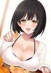 :d bangs black_bra black_hair blurry blurry_background blush bra breast_rest breasts cleavage collarbone dutch_angle eyebrows_visible_through_hair eyelashes fingernails food fruit highres holding holding_food idolmaster idolmaster_cinderella_girls jewel_(the_black_canvas) large_breasts lips long_fingernails long_sleeves looking_at_viewer low_neckline mandarin_orange open_mouth shiny shiny_skin short_hair sleeves_past_wrists smile solo sweater table takafuji_kako underwear upper_body white_sweater yellow_eyes 