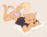 2026 3_toes anthro arms_crosed ass_up barefoot black_clothing black_eyes black_nose black_shirt black_topwear blush canid canine clothing digital_media_(artwork) feet feet_up fox fur furgonomics grey_background heart_symbol hi_res honiart looking_at_viewer lying male mammal on_front on_pillow one_fang pattern_clothing pattern_underwear pillow rav_alska shirt simple_background slim smile smirk solo striped_clothing striped_underwear stripes tail tail_clothing tan_body tan_fur toes topwear underwear