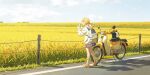  1girl :d backpack bag blonde_hair blue_skirt blue_sky braid cellphone field fujita_kotone gakuen_idolmaster gaoqiaoyuyin_takahashi helmet highres holding holding_phone honda honda_super_cub idolmaster jacket long_hair miniskirt motor_vehicle motorcycle motorcycle_helmet open_mouth orange_shoes outdoors phone pleated_skirt road shoes skirt skirt_peek sky smartphone smile sneakers socks solo taking_picture twin_braids unworn_headwear unworn_helmet white_bag white_jacket white_socks yellow_eyes 