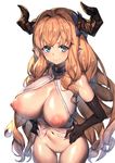  &gt;:) absurdres areolae black_gloves blue_eyes blush breasts breasts_outside brown_hair closed_mouth draph elbow_gloves eyebrows_visible_through_hair gloves granblue_fantasy hair_intakes hands_on_hips highres horns large_areolae large_breasts long_hair looking_at_viewer navel nipples no_panties paid_reward patreon_reward patreon_username pointy_ears puffy_nipples rastina redcomet revision shirt simple_background sleeveless sleeveless_shirt smile solo uncensored v-shaped_eyebrows very_long_hair white_background white_shirt 