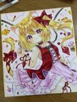  1girl alternate_costume animal_ear_fluff animal_ears art_tools_in_frame blonde_hair blush bow breasts cat_ears cat_girl cat_tail choker commentary cosmetics crystal crystal_wings dated dress flandre_scarlet frilled_choker frills hair_bow highres kemonomimi_mode leg_ribbon lipstick_tube multicolored_wings one_side_up photo_(medium) pink_dress pink_nails pointy_ears red_bow red_choker red_dress red_eyes red_ribbon ribbon shikishi signature small_breasts solo string_of_pearls tail tail_bow tail_ornament touhou traditional_media tsugumi_(tky-fam) wings wrist_ribbon 