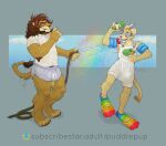 2025 abstract_background ageplay anthro arm_floatie biped brown_mane bulge clothed clothing detailed_bulge diaper digital_media_(artwork) eyewear father_(lore) father_and_child_(lore) father_and_son_(lore) felid flippers fur genital_outline genitals glasses goggles infantilism inflatable junior_(puddlepup) lion liondad_(puddlepup) male mammal mane overalls pantherine parent_(lore) parent_and_child_(lore) parent_and_son_(lore) penis penis_outline puddlepup rainbow roleplay shaved_head simple_background snorkel son_(lore) text toy toy_gun unclean_diaper url water_gun water_hose waterlogged_diaper wearing_diaper