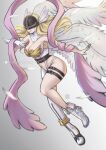  1girl absurdres angel_wings angewomon asymmetrical_clothes belt blonde_hair bodysuit breasts chascoby clothing_cutout commentary covered_eyes digimon digimon_(creature) floating_hair gloves helmet helmet_over_eyes highres large_breasts long_hair multiple_belts multiple_wings o-ring o-ring_belt parted_lips pink_lips single_glove sleeveless sleeveless_bodysuit stomach_cutout strapless_bodysuit teeth thigh_belt thigh_strap white_bodysuit winged_gloves winged_helmet wings 