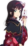  arrow bad_id bad_pixiv_id bangs bell black_hair capelet flower green_eyes hair_flower hair_ornament hairband hairpin hamaya highres holding_arrow icehotmilktea japanese_clothes jingle_bell kimono kurosawa_dia long_hair long_sleeves looking_at_viewer love_live! love_live!_sunshine!! mole mole_under_mouth new_year obi open_mouth sash simple_background solo upper_body white_background wide_sleeves 