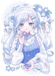  1girl :o animal beads blue_bow blue_flower blue_hair blue_nails blue_theme blue_vest bow buttons commentary_request cropped_torso cup earrings fingernails flower food frilled_shirt_collar frills grid_print hair_beads hair_flower hair_intakes hair_ornament hand_up highres holding holding_flower jewelry kouzuki_(kuzk_0512) long_hair long_sleeves looking_at_viewer low_twintails macaron nemophila_(flower) open_mouth original parted_bangs plaid_bow plate print_vest puffy_long_sleeves puffy_sleeves rabbit saucer shirt simple_background solo star_(symbol) star_in_eye symbol_in_eye teacup teapot twintails vest white_background white_shirt x_hair_ornament 