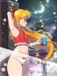  1girl aino_minako arm_behind_head arm_up armpits artist_name balcony bare_arms bishoujo_senshi_sailor_moon blonde_hair blue_eyes blurry blurry_background blush bow bow_panties breasts closed_mouth coffee_mug commentary cowboy_shot crescent_moon crop_top cup earrings english_commentary fur-trimmed_shirt fur_trim hair_bow highres holding holding_cup jewelry kagato007 legs_together long_hair looking_afar moon mug navel night outdoors panties patreon_username profile red_bow red_shirt shirt small_breasts snowing solo standing stomach underwear variant_set very_long_hair watermark web_address white_panties wind 