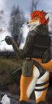 absurd_res anthro black_briefs black_clothing black_underwear briefs butt camo canid canine cigarette clothed clothing detailed_background drugs exhaling_smoke fingerless_gloves fox fox_tail foxolex freckled_butt freckled_face freckles fur g36 gloves green_eyes gun hair handwear hi_res holding_a_weapon led_butt male mammal marijuana multicolored_body multicolored_fur nudist partially_clothed patch_(fabric) piercing plumes_of_smoke ranged_weapon red_body red_fur red_hair s.t.a.l.k.e.r. smoking smoking_marijuana solo tactical_gear underwear vinokur weapon