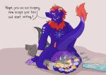 absurd_res anthro big_butt blue_body blush bodily_fluids butt butt_sniffing claws clothing dialogue dominant dragon duo english_text facesitting feet flip_flops foot_fetish foot_focus foot_sniffing footwear fur furred_dragon furred_scalie grey_body hi_res horn looking_back lyeponstan male male/male male_anthro mammal musk musk_cloud mythological_creature mythological_scalie mythology nude pawpads paws purple_body raised_tail red_body red_eyes sandals scalie shoes simple_background sitting sitting_on_another size_difference smelly smelly_feet sniffing soles sweat sweaty_butt sweaty_feet tail text toe_claws toes yellow_eyes