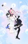  2girls absurdres alien_stage animal_ear_hairband animal_ears arm_up back-to-back black_boots black_dress black_gloves blue_bow boots bow cat_ears cat_tail chinese_commentary closed_mouth commentary_request dress earrings fake_animal_ears gloves green_eyes hairband highres holding holding_microphone jewelry leg_up long_hair microphone mizi_(alien_stage) multiple_girls open_mouth pearl_earrings purple_eyes rabbit_ear_hairband rabbit_ears rabbit_tail sadahalu_ai_la_shi short_hair smile sphere_earrings sua_(alien_stage) tail tail_bow tail_ornament thigh_boots very_long_hair white_boots white_dress white_gloves 