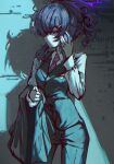  1girl black_pants black_vest blue_archive breasts cellphone commentary_request cowboy_shot dress_shirt elbow_carry glowing glowing_eye glowing_halo halo haruka_(blue_archive) haruka_(suit)_(blue_archive) highres holding holding_phone jacket long_sleeves looking_at_viewer looking_to_the_side medium_breasts necktie official_alternate_costume pants phone ponytail profile purple_eyes purple_hair purple_halo purple_necktie shirt short_ponytail sideways_glance smartphone solo suit_jacket suit_pants sunnysideup unworn_jacket vest white_shirt 