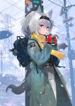  1girl 2026 absurdres alchemaniac animal_ears arknights backpack bag chinese_zodiac coat commentary cup gloves grani_(arknights) grey_eyes grey_hair high_ponytail highres holding holding_cup horse_ears horse_girl horse_tail long_coat medium_hair open_clothes open_coat outdoors ponytail red_gloves scarf snow snowing solo tail year_of_the_horse yellow_scarf 