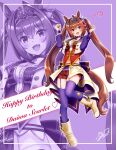  1girl animal_ears blush bodice boots breasts brown_hair character_name choker commentary_request corset cropped_jacket daiwa_scarlet_(umamusume) fang garter_straps hair_between_eyes hair_intakes happy_birthday heart highres horse_ears horse_girl horse_tail jacket long_hair looking_at_viewer medium_breasts midriff_peek miki_lutecia navel open_mouth overskirt pendant_choker purple_choker purple_garter_straps purple_thighhighs red_corset red_eyes red_shorts shirt shorts skin_fang smile starting_future_(umamusume) tail thighhighs tiara twintails umamusume very_long_hair white_boots white_jacket wristband zoom_layer 
