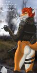 absurd_res anthro bare_buttocks butt camouflage_uniform canid canine cigarette clothed clothing detailed_background dialogue drugs exhaling_smoke fingerless_gloves flirting fox fox_tail foxolex freckled_butt freckled_face freckles fur g36 gloves green_eyes gun hair handwear hi_res holding_a_weapon male mammal marijuana multicolored_body multicolored_fur nudist off-screen_character partially_clothed patch_(disambiguation) piercing plumes_of_smoke ranged_weapon red_body red_fur red_hair russian_text s.t.a.l.k.e.r. smoking smoking_marijuana solo stoned substance_intoxication tactical_gear text vinokur weapon