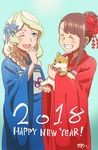  2girls animal blonde_hair blue_eyes brown_hair closed_eyes commentary_request diana_cavendish dog english hair_ornament happy_new_year japanese_clothes kagari_atsuko kimono little_witch_academia multiple_girls new_year ogi_non one_eye_closed shiba_inu 