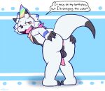 2026 2_horns absurd_res anthro anus balls bandai_namco bedroom_eyes bent_over big_butt birthday black_balls black_body black_horn black_perineum black_scales blue_body blue_clothing blue_hat blue_headwear blue_markings blue_scales blush butt clothing dialogue digimon digimon_(species) dipstick_horn english_text erection facial_horn felino fingerless_(marking) gammamon genitals green_clothing green_hat green_headwear hand_on_butt hat headgear headwear hi_res horn kerchief looking_at_viewer looking_back male markings multicolored_horn narrowed_eyes nose_horn one_eye_closed open_mouth orange_clothing orange_hat orange_headwear party_hat penis perineum pink_anus pink_kerchief pink_penis presenting presenting_hindquarters pupils purple_clothing purple_hat purple_headwear rainbow_hat red_clothing red_hat red_headwear scales seductive smile solo speech_bubble spread_butt spreading talking_to_viewer tan_kerchief tapering_penis text thick_thighs toby_the_gammamon white_horn yellow_clothing yellow_eyes yellow_hat yellow_headwear