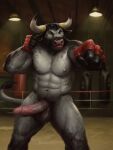 abs anthro balls biceps bodily_fluids bovid bovine casual_nudity cattle clothing curved_penis digital_media_(artwork) erection fighting_ring fingerless_gloves fur genital_fluids genitals gloves hair handwear hi_res horn humanoid_genitalia humanoid_penis inside male mammal muscular muscular_anthro muscular_male navel nipples nude orcfun pecs penis precum precum_squirt punching_bag solo standing tail