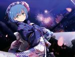  aqua_eyes blue_hair fireworks headdress japanese_clothes kimono night ogipote petals re:zero_kara_hajimeru_isekai_seikatsu rem_(re:zero) scan short_hair 