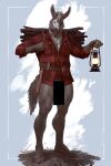 anthro asinus axe baby_steps_(game) belt bottomless brown_body brown_fur brown_hair censored censored_genitalia censored_penis clothed clothing donkey equid equine flannel fur furry_tail hair hi_res jacket jacket_only lamp lantern long_ears looking_at_viewer male mammal manly moose_(baby_steps) no_shoes pantsless_male red_clothing red_jacket red_topwear simple_background slim smile solo stick tail taran_fiddler topwear topwear_only white_body white_fur wood