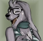  2017 anthro breasts candle_the_saluki canine clothed clothing cum cum_on_face digital_media_(artwork) dog esprit-arait female fur grey_fur looking_at_viewer mammal open_mouth saluki simple_background smile solo tongue 