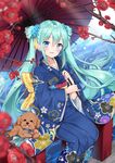  :d alternate_costume animal aqua_eyes aqua_hair blue_kimono blue_nails blush bridge dog floral_print flower hair_flower hair_ornament hatsune_miku highres holding holding_umbrella japanese_clothes kimono long_hair long_sleeves looking_at_viewer mamemena nail_polish obi on_railing open_mouth oriental_umbrella outdoors pinky_out poodle river sash shiny shiny_hair sitting smile solo sparkle tongue tongue_out tree_branch twintails umbrella very_long_hair vocaloid water wide_sleeves yukata 