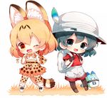  :d ;d animal_ears backpack bag bangs black_hair black_legwear blue_eyes blush bow bowtie brown_eyes brown_footwear brown_gloves chibi eighth_note elbow_gloves eyebrows_visible_through_hair gloves grey_shorts hair_between_eyes hands_up haru431 hat hat_feather helmet high-waist_skirt kaban_(kemono_friends) kemono_friends looking_at_viewer lucky_beast_(kemono_friends) multiple_girls musical_note one_eye_closed open_mouth orange_hair orange_skirt pantyhose pith_helmet print_gloves print_legwear print_neckwear print_skirt red_shirt serval_(kemono_friends) serval_ears serval_print serval_tail shirt shoes short_hair short_shorts short_sleeves shorts skirt sleeveless sleeveless_shirt smile striped_tail tail thighhighs white_footwear white_shirt 