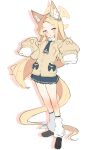  1girl alternate_costume animal_ear_fluff animal_ears black_necktie black_shoes black_skirt blonde_hair blue_archive blush bow bright_pupils cardigan collared_shirt commentary_request drop_shadow extra_ears flower_wreath forehead fox_ears fox_girl fox_tail full_body gyaru halo hands_up hato_haru head_wreath highres kneehighs kogal long_hair long_sleeves looking_at_viewer loose_socks miniskirt multicolored_eyes necktie pink_eyes pleated_skirt school_uniform seia_(blue_archive) shirt shoes simple_background skirt sleeve_bow sleeves_past_fingers sleeves_past_wrists socks solo standing tail tail_bow tail_ornament two-tone_eyes very_long_hair w_arms white_background white_bow white_pupils white_shirt white_socks wide_sleeves yellow_bow yellow_cardigan yellow_eyes yellow_halo 