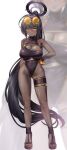  1girl absurdres alternate_costume black_hair black_one-piece_swimsuit blue_archive breasts cleavage commentary dark-skinned_female dark_skin eyewear_on_head full_body halo hand_on_own_hip highres karin_(blue_archive) large_breasts long_hair looking_at_viewer one-piece_swimsuit purple_halo solo standing sunglasses swimsuit walking_nakta yellow_eyes 