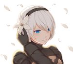  1girl black_hairband blue_eyes eyebrows_visible_through_hair hairband lotu lunar_tear mole mole_under_mouth nier_(series) nier_automata no_blindfold out_of_frame petals short_hair silver_hair upper_body yorha_no._2_type_b yorha_no._9_type_s 