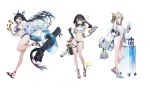  3girls absurdres alternate_costume animal_ears arknights arknights:_endfield armpit_crease bag bare_shoulders bikini bird_ears black_bikini black_choker black_gloves black_hair black_sandals blue_horns blue_tail bracelet breasts chen_qianyu_(arknights) choker cleavage commentary_request cropped_hoodie cutoff_jeans cutoffs detached_sleeves dragon_girl dragon_horns dragon_tail eastern_dragon_horns eastern_dragon_tail floating_hair food full_body gloves grey_eyes grey_hair highleg highleg_bikini highres holding holding_food holding_tablet_pc hood hoodie horns jacket jewelry korean_commentary leaning_to_the_side lifebuoy long_hair looking_at_viewer medium_breasts medium_hair micro_shorts multiple_girls navel ness_(pjw0168) notice_lines off_shoulder one-piece_swimsuit open_clothes open_jacket parted_lips perlica_(arknights) platform_sandals ponytail prehensile_tail rolling_suitcase sandals see-through_clothes see-through_hoodie short_shorts shorts shoulder_bag side-tie_bikini_bottom sideboob sidelocks simple_background sleeveless sleeveless_hoodie small_breasts squid standing stomach suitcase swim_ring swimsuit tablet_pc tail tangtang_(arknights) thigh_strap toes twintails upper_body visor_cap white_background white_jacket white_one-piece_swimsuit 