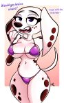 101_dalmatian_street 101_dalmatians 2025 abstract_background absurd_res aged_up anthro bedroom_eyes bikini biped black_markings black_nose breasts canid canine canis cleavage clothed clothing colored dalmatian dated disney dolly_(101_dalmatians) domestic_dog english_text female female_anthro floppy_ears fur geometric_background hi_res long_ears mammal markings narrowed_eyes navel pattern_background pkbr4insh0ck_(artist) purple_bikini purple_bikini_bottom purple_bikini_top purple_clothing purple_swimwear question_mark seductive shaded signature simple_background small_waist solo spots spotted_body spotted_fur swimwear tail talking_to_viewer text thick_thighs tilde_after_text two-piece_swimsuit white_body white_fur year
