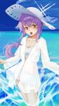  1girl absurdres atsuko_(blue_archive) atsuko_(swimsuit)_(blue_archive) bikini blue_archive blue_sky breasts cloud commentary cowboy_shot dress frilled_bikini frills hair_between_eyes halo hat highres long_hair looking_at_viewer ocean open_clothes open_dress open_hands open_mouth purple_hair raised_eyebrows red_eyes risuuuu see-through_clothes sky smile solo standing sun_hat swimsuit untranslatable_commentary waves white_bikini white_dress white_halo white_hat 