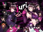  alternate_hairstyle bikini_top black_hair breasts character_name chibi cleavage commentary_request eye_(mememem) eyepatch facepaint fighting_stance glowing glowing_eye han_juri hat jester_cap licking_lips multicolored_hair multiple_persona navel purple_eyes smile stomach street_fighter street_fighter_iv_(series) street_fighter_v tongue tongue_out two-tone_hair 