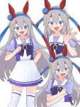  1girl animal_ears blue_eyes blush bow bowtie commentary_request ear_covers ear_ornament fang grey_hair hair_between_eyes hairband hand_on_own_hip highres horse_ears horse_girl horse_tail horseshoe_ornament komori_kamome long_hair looking_at_viewer open_mouth pleated_skirt puffy_short_sleeves puffy_sleeves purple_bow purple_bowtie purple_shirt sailor_collar sailor_shirt school_uniform shirt short_sleeves simple_background skirt smile tail tamamo_cross_(umamusume) thighhighs tracen_school_uniform umamusume v-shaped_eyebrows very_long_hair white_background white_sailor_collar white_skirt white_thighhighs 