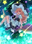  1girl apron baba_(baba_seimaijo) black_hat black_shoes black_skirt black_vest blonde_hair bow braid broom broom_riding commentary_request frilled_skirt frills hair_bow hat hat_bow kirisame_marisa long_hair looking_at_viewer mary_janes open_mouth shoes side_braid single_braid skirt smile socks solo star_(symbol) touhou vest waist_apron white_apron white_bow white_socks witch_hat yellow_eyes 