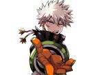  1boy aged_up bakugou_katsuki blonde_hair boku_no_hero_academia chiyaya gloves green_gloves hair_between_eyes hand_up highres looking_at_viewer looking_to_the_side male_focus multicolored_gloves multiple_pov offering_hand open_hand open_mouth orange_eyes orange_gloves outstretched_arm outstretched_hand pov reaching reaching_towards_viewer sanpaku scar scar_on_face short_hair simple_background solo spiked_hair spoilers tsurime turning_head two-sided_gloves two-tone_gloves upper_body v-shaped_eyebrows white_background 