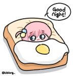  1girl :3 bocchi_the_rock! bread chibi chibi_only commentary cube_hair_ornament english_text food fried_egg gotoh_hitori hair_ornament highres lulalang mini_person minigirl pink_hair solo speech_bubble twitter_username untranslatable_commentary 