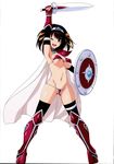  ;d absurdres arm_up armor armored_boots ass_visible_through_thighs bangs bikini_armor blue blush boots breasts cape comiket_93 cosplay diadem elbow_gloves elizabeth_bathory_(brave)_(fate) elizabeth_bathory_(brave)_(fate)_(cosplay) elizabeth_bathory_(fate)_(all) eyebrows_visible_through_hair fate/grand_order fate_(series) full_body gloves hair_ribbon haruhisky highres holding holding_shield holding_sword holding_weapon looking_at_viewer medium_breasts navel nipple_slip nipples non-web_source one_eye_closed open_mouth pauldrons ribbon scan shield short_hair shoulder_armor silver_trim simple_background smile solo standing stomach suzumiya_haruhi suzumiya_haruhi_no_yuuutsu sword thigh_boots thighhighs thighhighs_under_boots v-shaped_eyebrows weapon white_background 