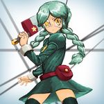  1girl annie_(skullgirls) artist_request eyepatch female green_hair skullgirls solo sword tagme thighhighs twin_braids weapon yellow_eyes 