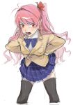  1girl acminaasonde angry antenna_hair black_thighhighs blazer blush bow bowtie breasts brown_jacket chaos;head collared_shirt commentary_request dress_shirt hands_on_own_hips highres jacket leaning_forward long_hair looking_at_viewer lower_teeth_only miniskirt one_side_up open_mouth petticoat plaid_bow plaid_bowtie plaid_clothes plaid_skirt pleated_skirt red_eyes sakihata_rimi school_uniform science_adventure shirt simple_background skirt small_breasts solo suimei_academy_school_uniform teeth thighhighs tongue white_background white_shirt winter_uniform zettai_ryouiki 