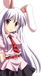  animal_ears bangs belt big_eyes black_skirt blush breasts bunny_ears commentary_request eyebrows_visible_through_hair hands_in_pockets highres kinagi_yuu long_hair multicolored_hair open_mouth pink_shirt purple_eyes red_belt red_neckwear reisen_udongein_inaba shirt simple_background skirt small_breasts solo touhou two-tone_hair very_long_hair white_background 