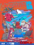  1boy 3girls absurdres all_nippon_airways beach ben-day_dots bikini bingata blue_bikini building cloud collage english_commentary english_text flower food fruit hanagasa hibiscus highres maneki-neko minomiyabi multiple_girls ocean official_art okinawa okinawan_text original orion_beer palm_tree pineapple promotional_art purple_hair red_background ryuusou sample_watermark screentones sea_turtle shiisaa shuri_castle swimsuit tree tropical_fish turtle watermark 