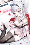 1girl absurdres black_bra black_panties black_thighhighs blue_archive blue_hairband blush bra breasts cleavage commentary earclip flower hair_flower hair_ornament hairband halo heart heart-shaped_pupils highres himari_(blue_archive) long_hair looking_at_viewer medium_breasts mole mole_under_eye navel open_mouth panties pointy_ears purple_eyes purple_halo sikimosh solo stirrup_legwear stomach symbol-shaped_pupils thighhighs toeless_legwear underwear underwear_only white_flower white_hair 